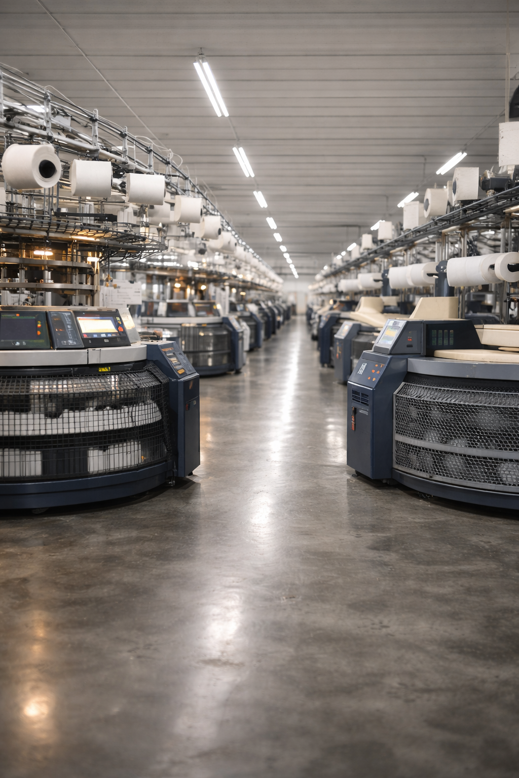 Ambiente industrial têxtil premium com foco em operação e performance