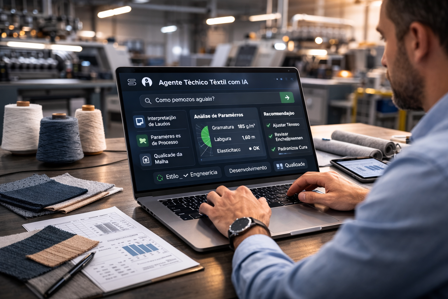 Profissional utilizando agente técnico têxtil com IA em contexto industrial